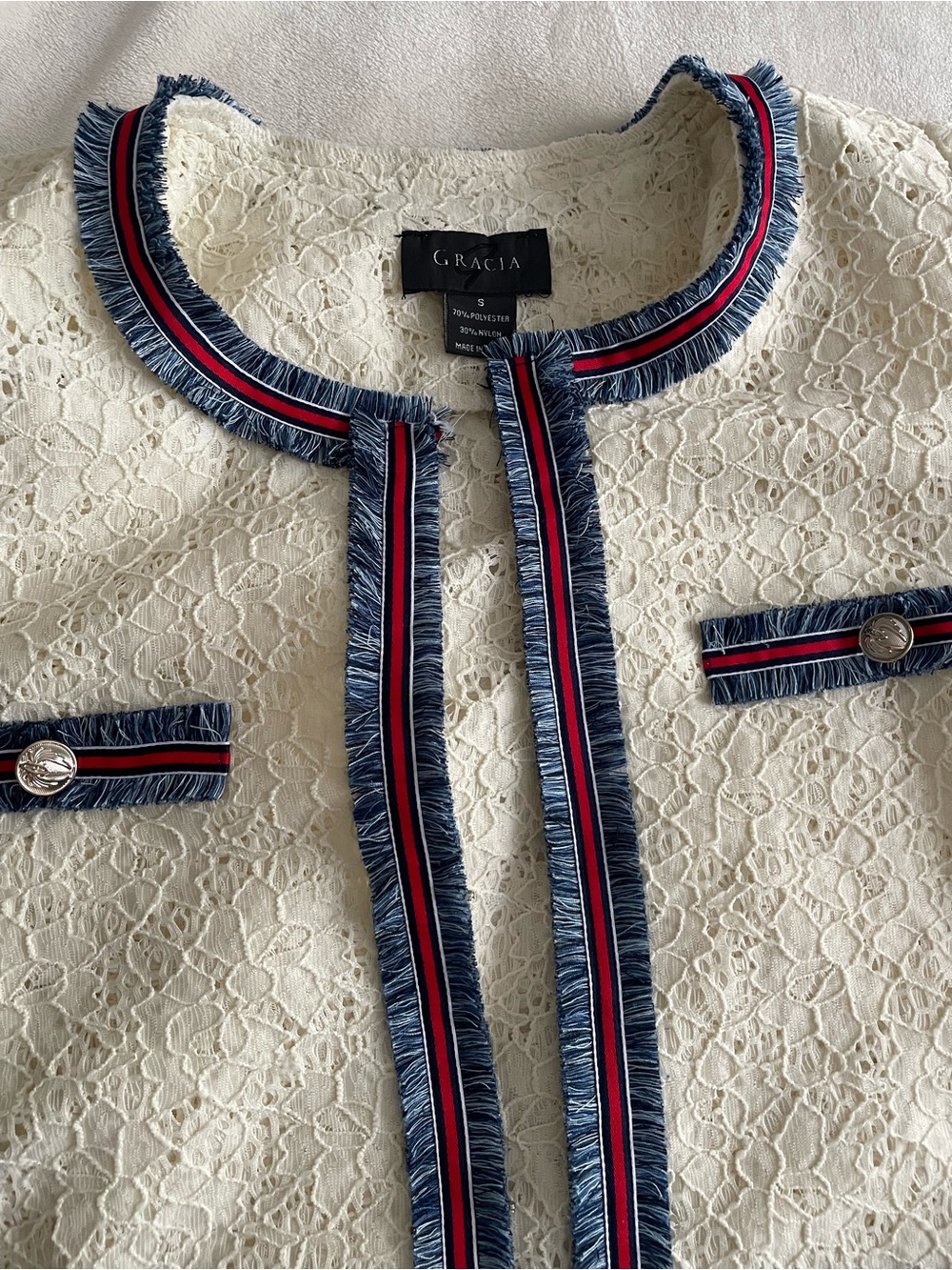 Gracia Cream Lace Tweed Jacket with Navy & Red Trim - Picture 8 of 9